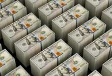 Stacks of hundred dollar bills are shown.